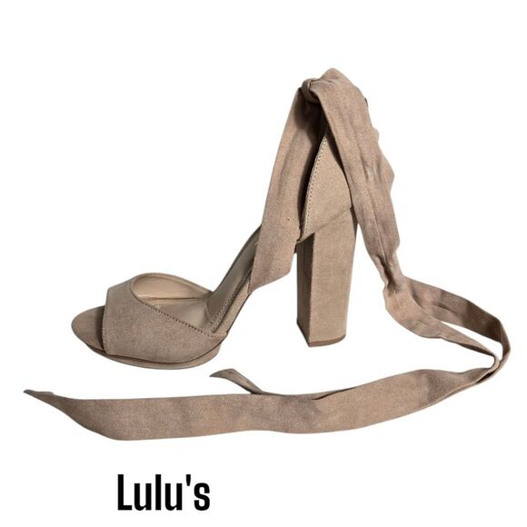 Lulu's Tan Wrap Suede Heels - Picture 1 of 8